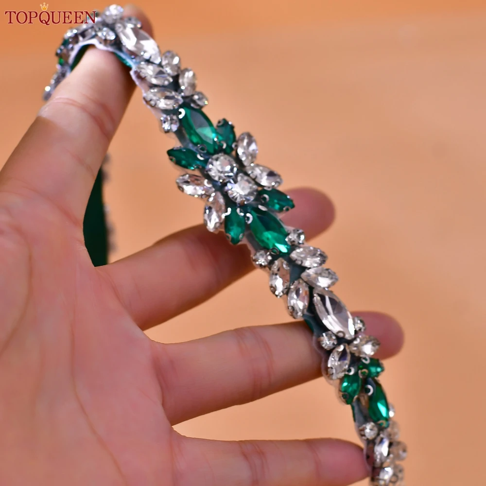 TOPQUEEN Rhinestone Bridal Belt for Wedding Dress Accessories Green Color Crystal Bride Belt Sash Ribbon Bridesmaid Gift S126-KL