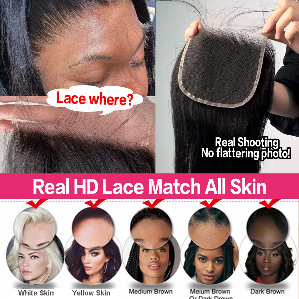 وصلات شعر مستقيمة من Megeen للنساء ، إغلاق دانتيل شفاف عالي الدقة ، انتزع مسبقًا ، خط شعر طبيعي ، لون أسود ، 4x4 ، 5x5 ، 6x6