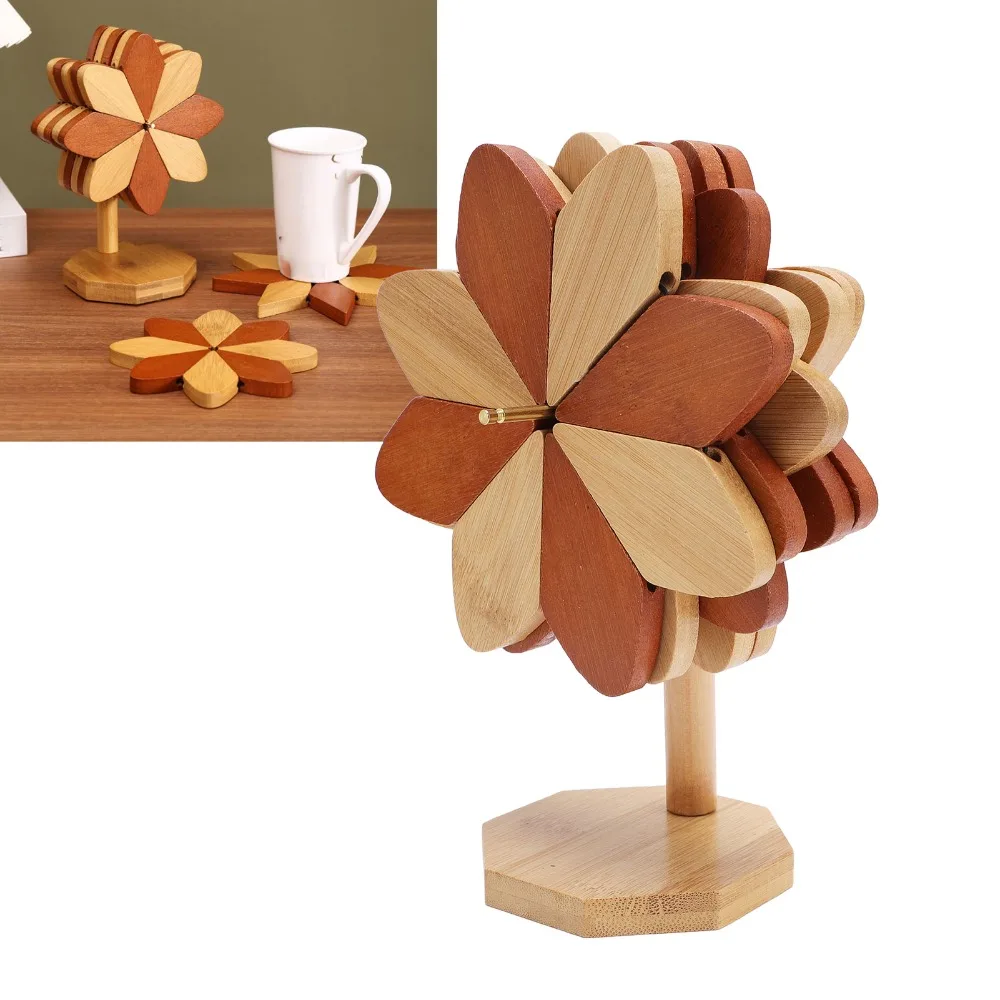 5Pcs Wooden Cup Coaster Polished Windmill-shaped Heat Resistant Table Mat Thick Heat Insulation Layer Anti-wear Waterproof