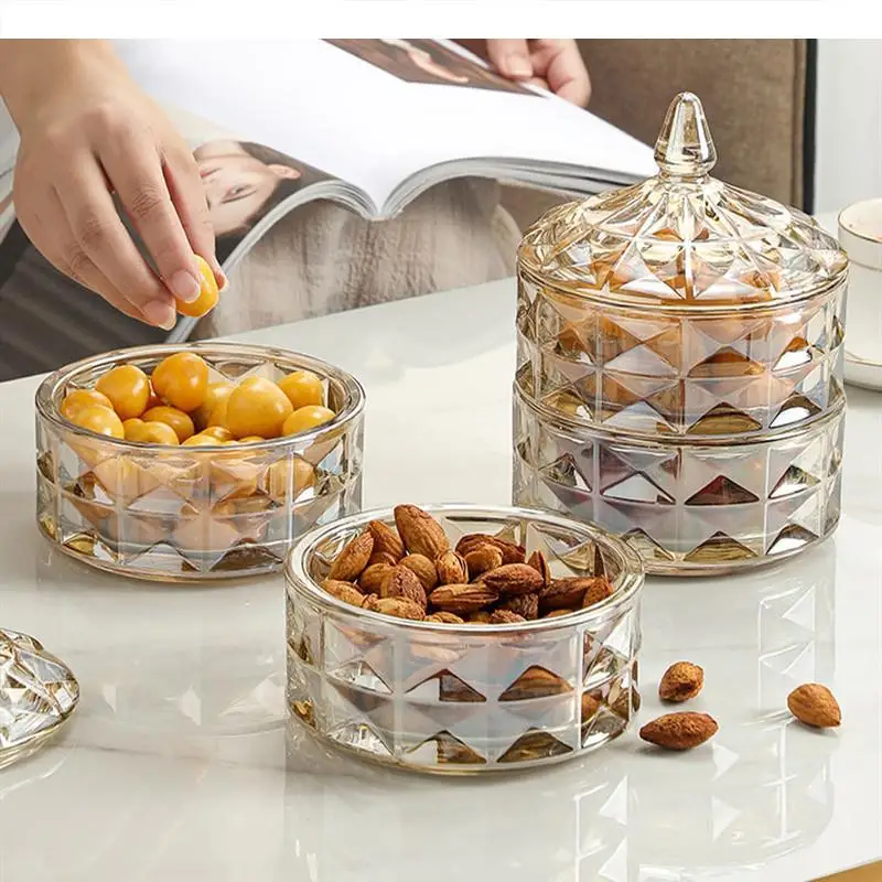 Glass Candy Jar Multi-layer Storage Food Box Crystal with Cover Transparent Snack Bowl Dried Fruit