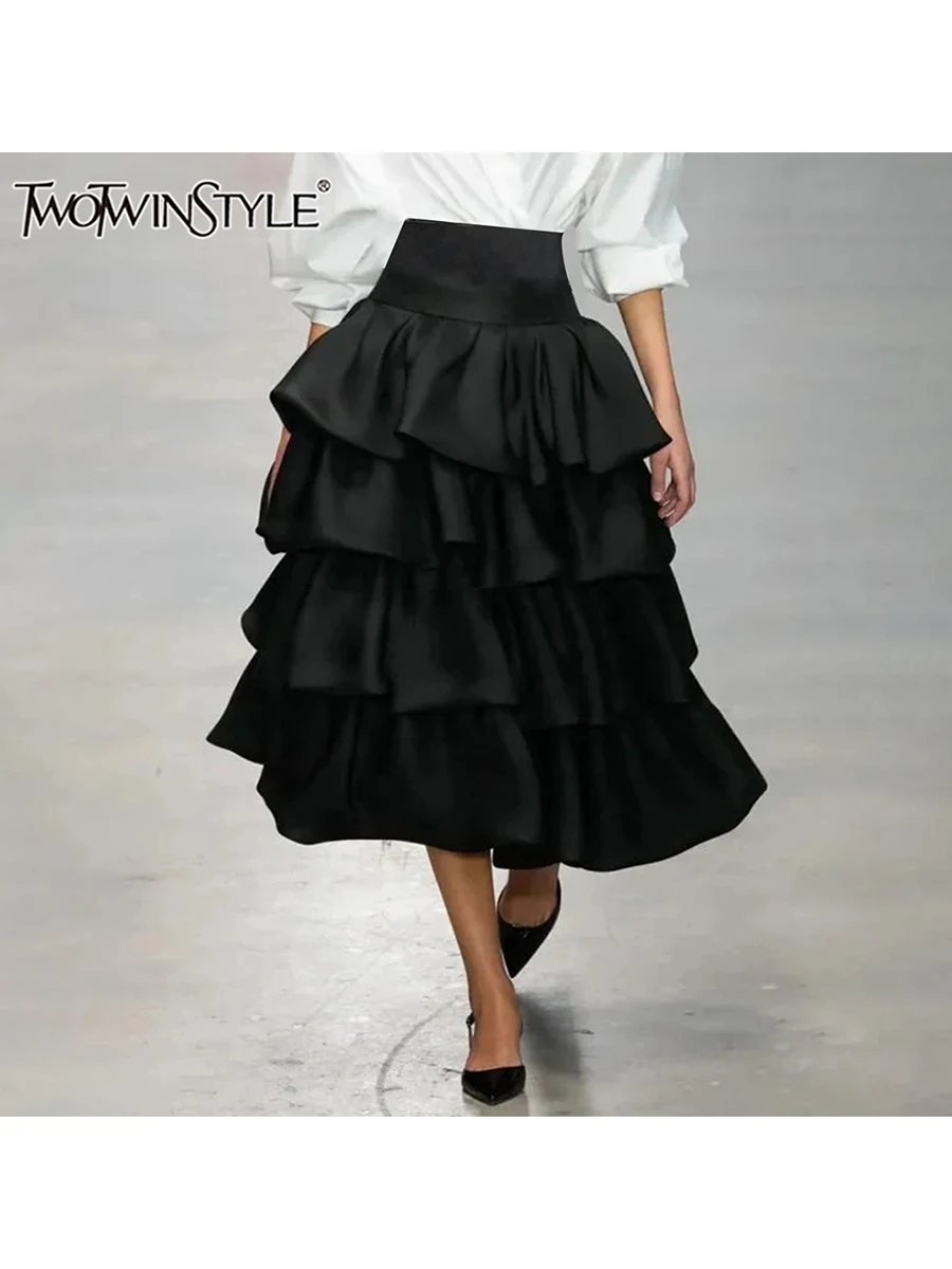 

TWOTWINSTYLE Solid Patchwork Sashes High Street Skirts For Women High Waist Spliced Ruffles Party Chic Skirts Female Fashion New