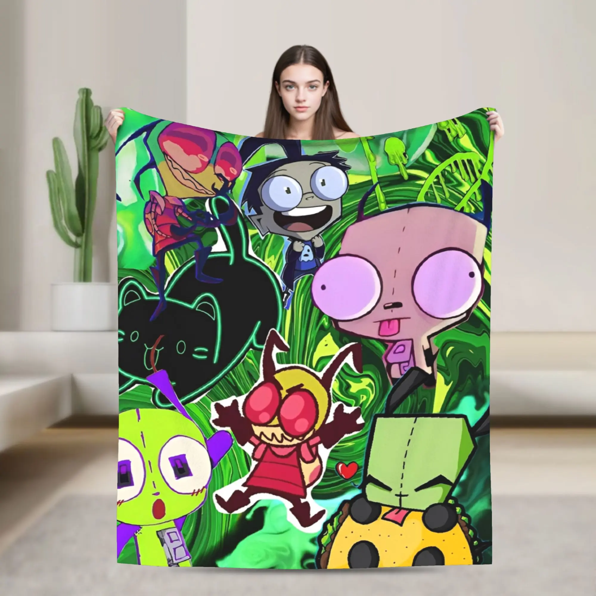 Invaders Zims  Kawaii  Cartoon Blanket  Flannel Vintage Breathable Throw Blankets for Bedspread Summer,
