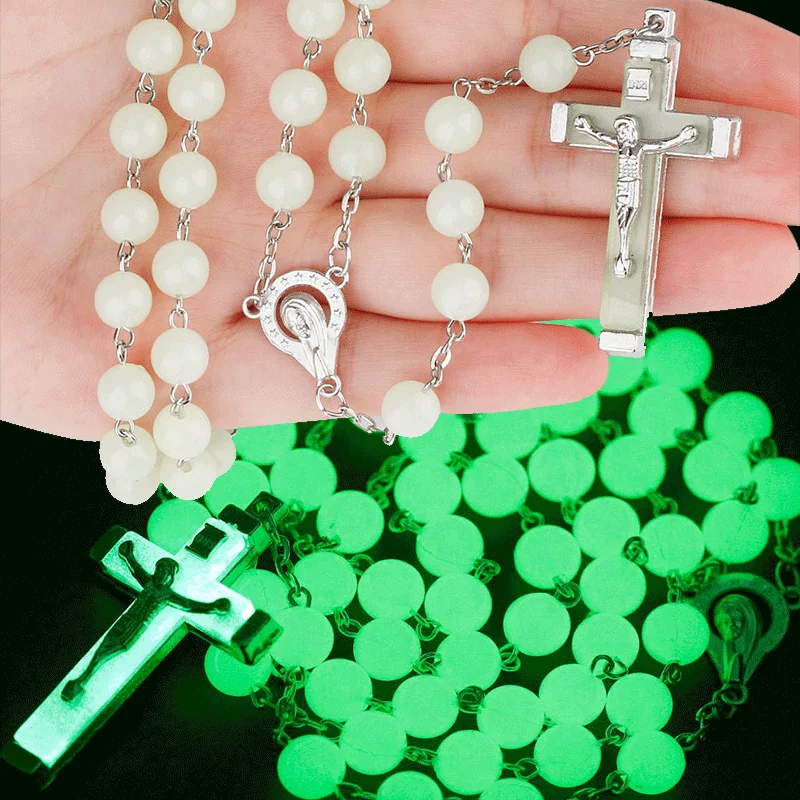 Luminous Christian Catholic Cross Rosary Necklace Glowing Light in Dark Beaded Pendant Necklaces for Men Women Christians