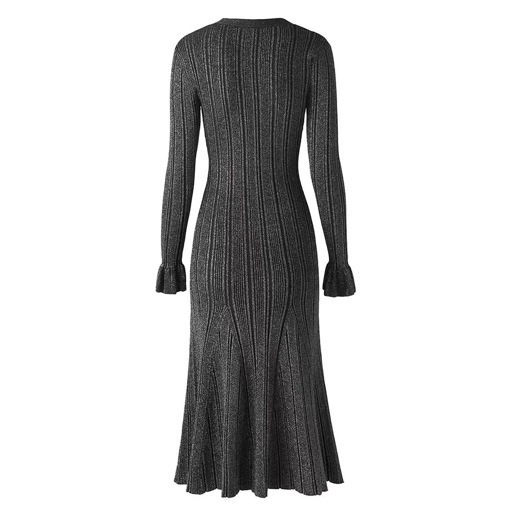 2024 Runway Autumn Winter Bright Silk Knitting Party Mermaid Long Dress Women V Neck Single Breasted Slim Stretch Sweater Dress