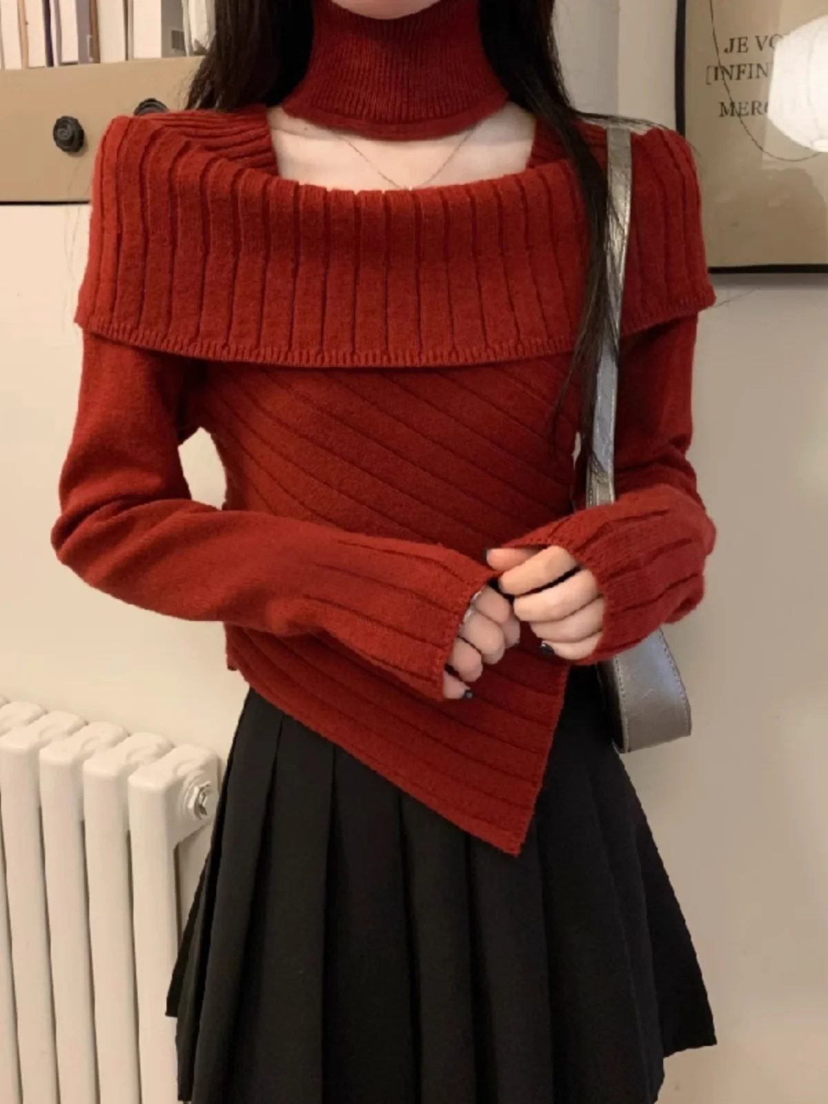 Ele Top tricoté à une épaule pour femme automne hiver couverture irrégulière Ne rouge pull du nouvel an coupe ajustée longue Sve ort...