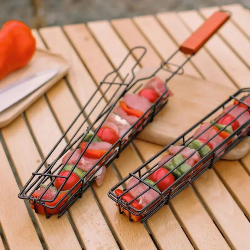 Outdoor Portable Kabob Grilling Basket Wooden Handle Stainless Steel Non-Stick Vegetables Shrimps Meat Hot Dog Barbecue