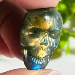 1pc Natural Flashy Labradorite Skull Carving, Halloween Home Decoration, Reiki Meditation Mini Hand Crafts, Ideal Gifts
