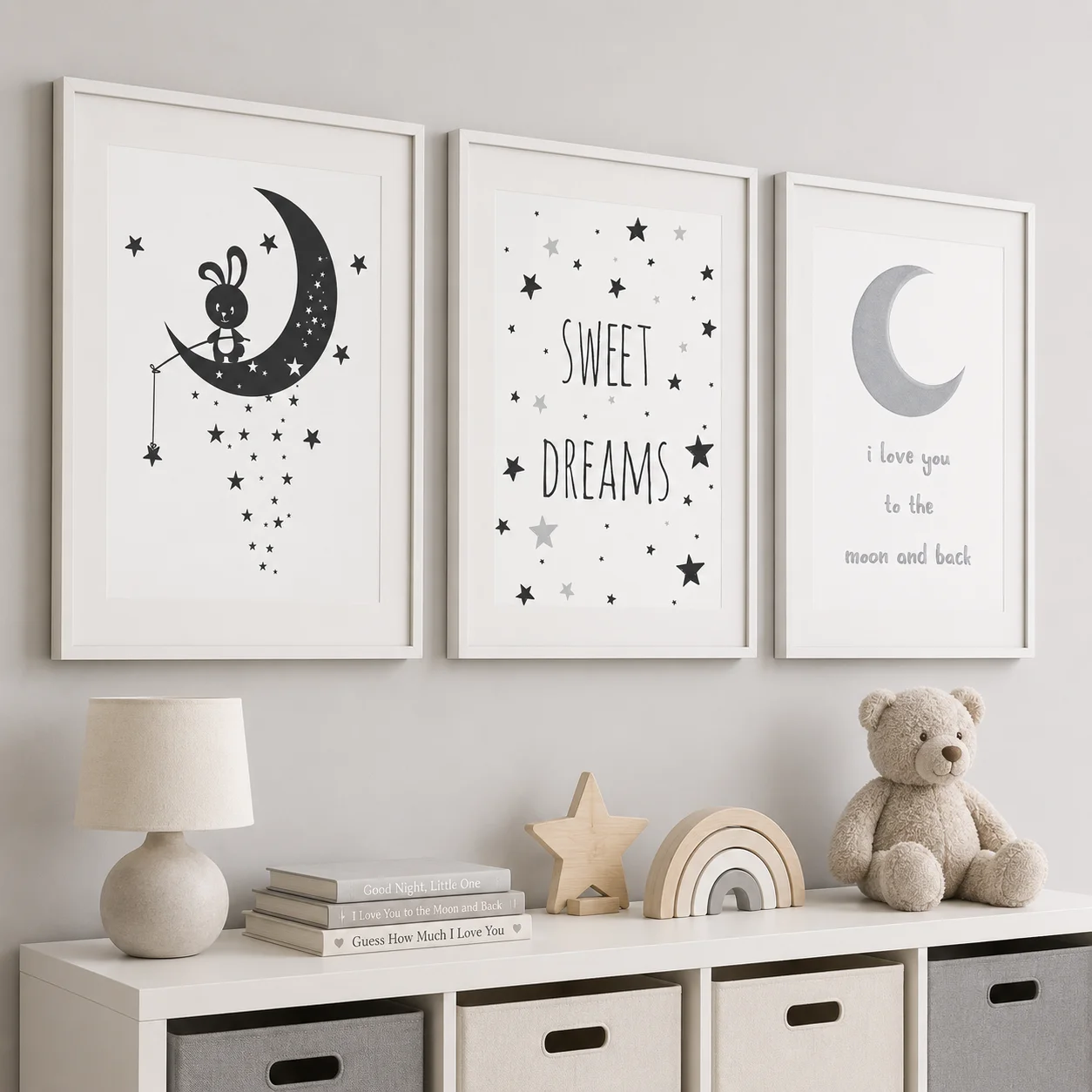 Nursery  Wall Art, Black White Moon Star Canvas Painting, I Love You To The Quotes Poster Print for Kids Boy Girl Bedroom Decor