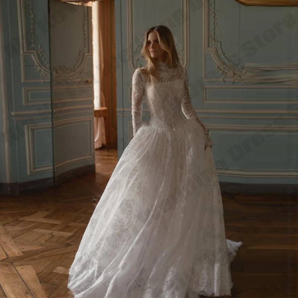 2027 Bohemian Women's Bridal Dress High Neck Long Sleeve Lace A-line Princess Wedding Dresses Customized Vestidos De Novia Robe