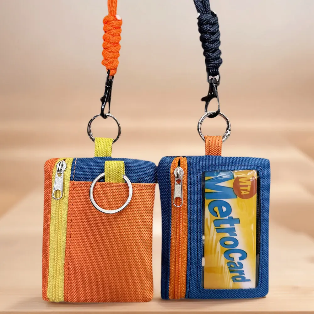 NEW 2026 Cute Color-blocked Mini Canvas Zipper Wallet Keys Organizer Portable Coins Bus Subway Card ID Holder Purse with Lanyard