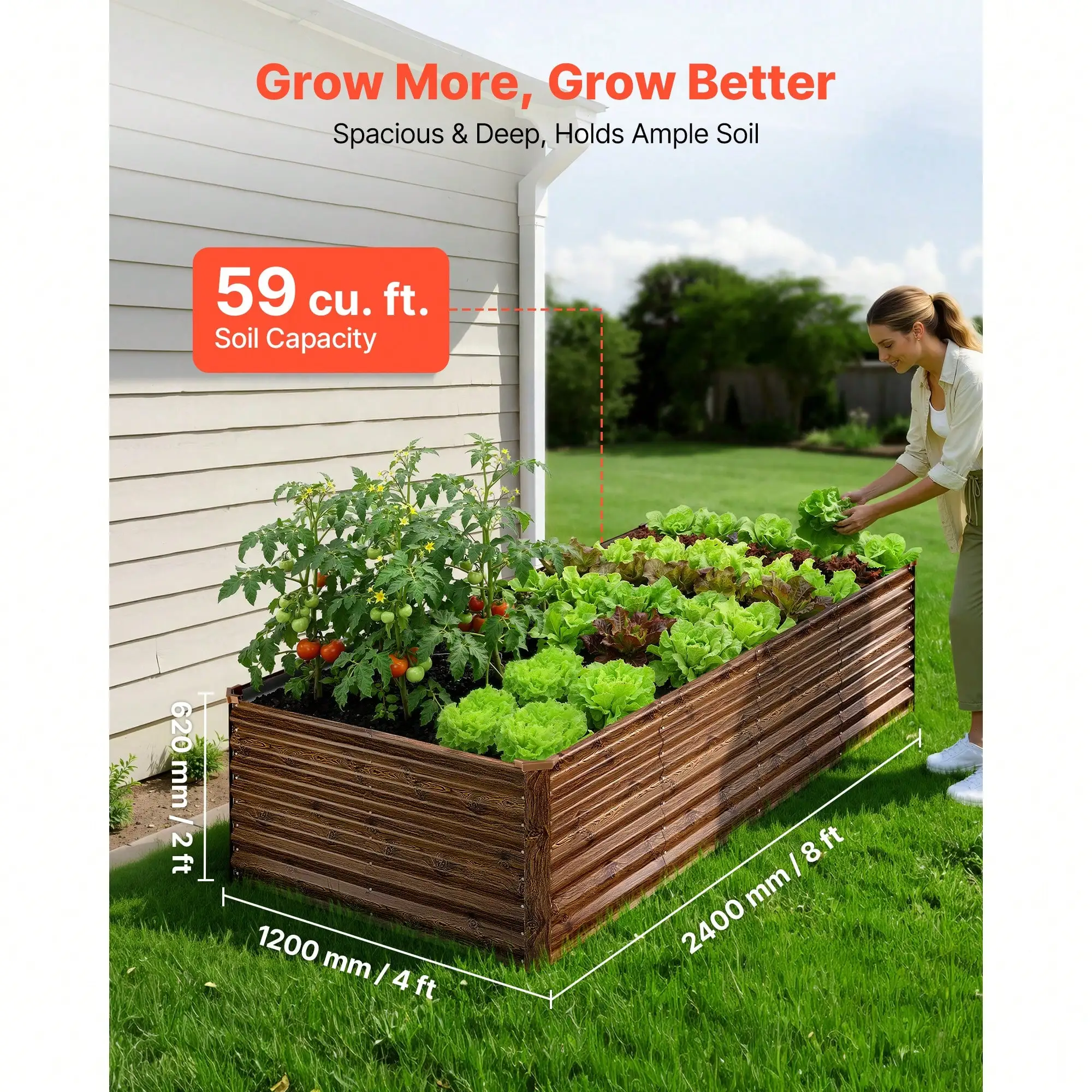 Galvanized Raised Garden Bed, 8 X 4 X 2 Ft, Rectangular Metal Planter Box Kit Outdoor, Bottomless Elevated Planting Box With Gloves, Alu-Zinc, For Growing Flowers Vegetables, Deep Wood GrainGardening Pots, Planters & Accessories
