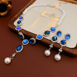 Blue Rhinestone Oval Women's Jewelry Sets Light Luxury Exquisite Pearl Pendant Necklace Fashionable Drop Earring Wholesale