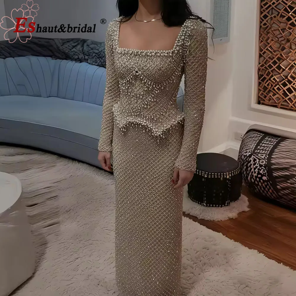 

Элегантное вечернее платье-русалка с длинными рукавами, роскошное, в стиле Дубай/Арабия, с бисером, квадратным вырезом, для торжественных мероприятий, выпускных вечеров и вечеринок, для женщин, 2026