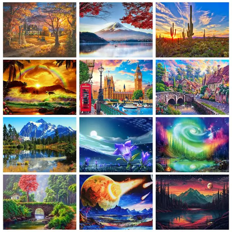 

RUOPOTY 5d Diamond Painting City Landscape Kits Mosaic Cross Stitch Full Sets Mountain Sunset Diamond Embroidery Wall Decor