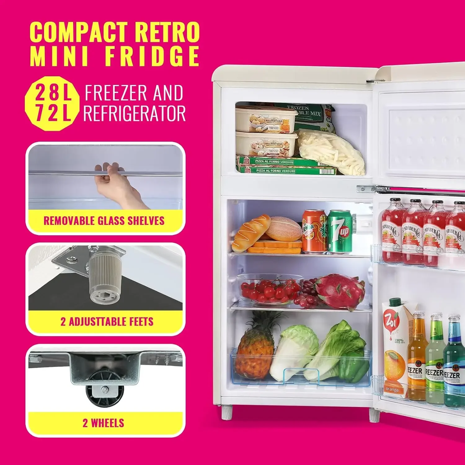 Fridge Dual Door Refrigerator with Freezer, 3.5 Cu.Ft Compact Refrigerator with Handle, Adjustable Temperature & Removable Glass
