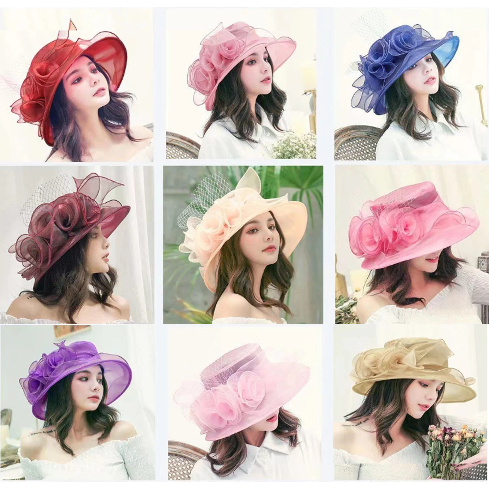 

1Pc Elegant Flower Lady Hat Summer Organza Wide Brim Sunscreen Kentucky Derby Hats For Women Church Wedding Beach Sun Cap