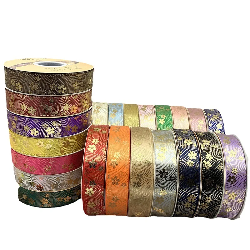 2.5cm 48/96/144Yard Satin ribbon Gold Lucky flowers Badge ribbons DIY Stuff F bowtie jewelry Headband ribbon flower gift package