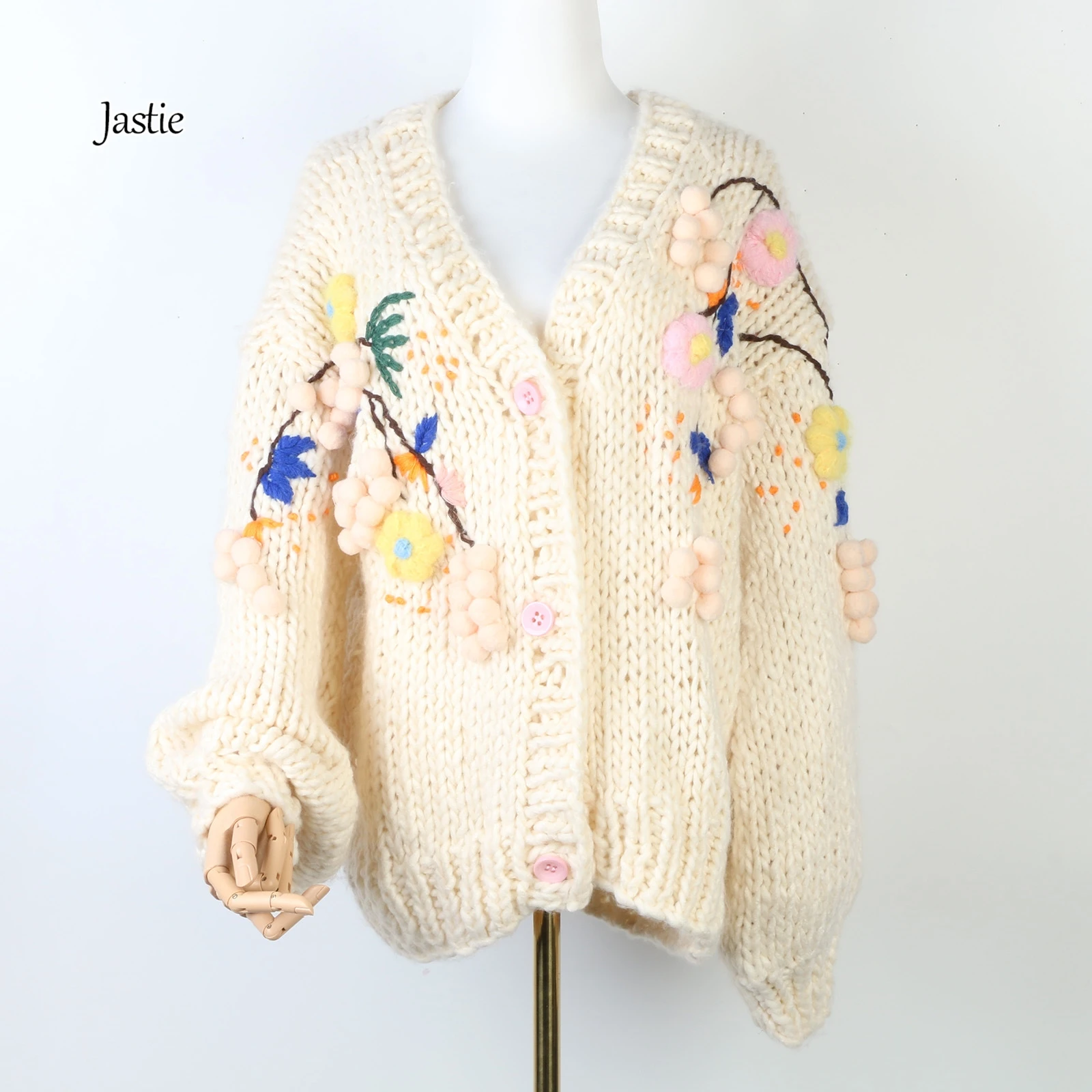 Jastie Autumn And Winter New Long-sleeved Wool Sweater Cardigan Heavy Hand-hook Flower Loose Sweater Cardigan Thick Knitted Top