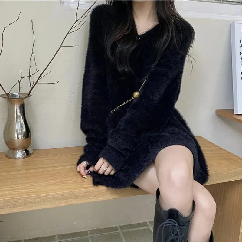 Mid to Long Length Sweater for Women Imitating Mink fur Simple Lazy Style Worn Outside Soft Sticky Knitted for Autumn and Winter