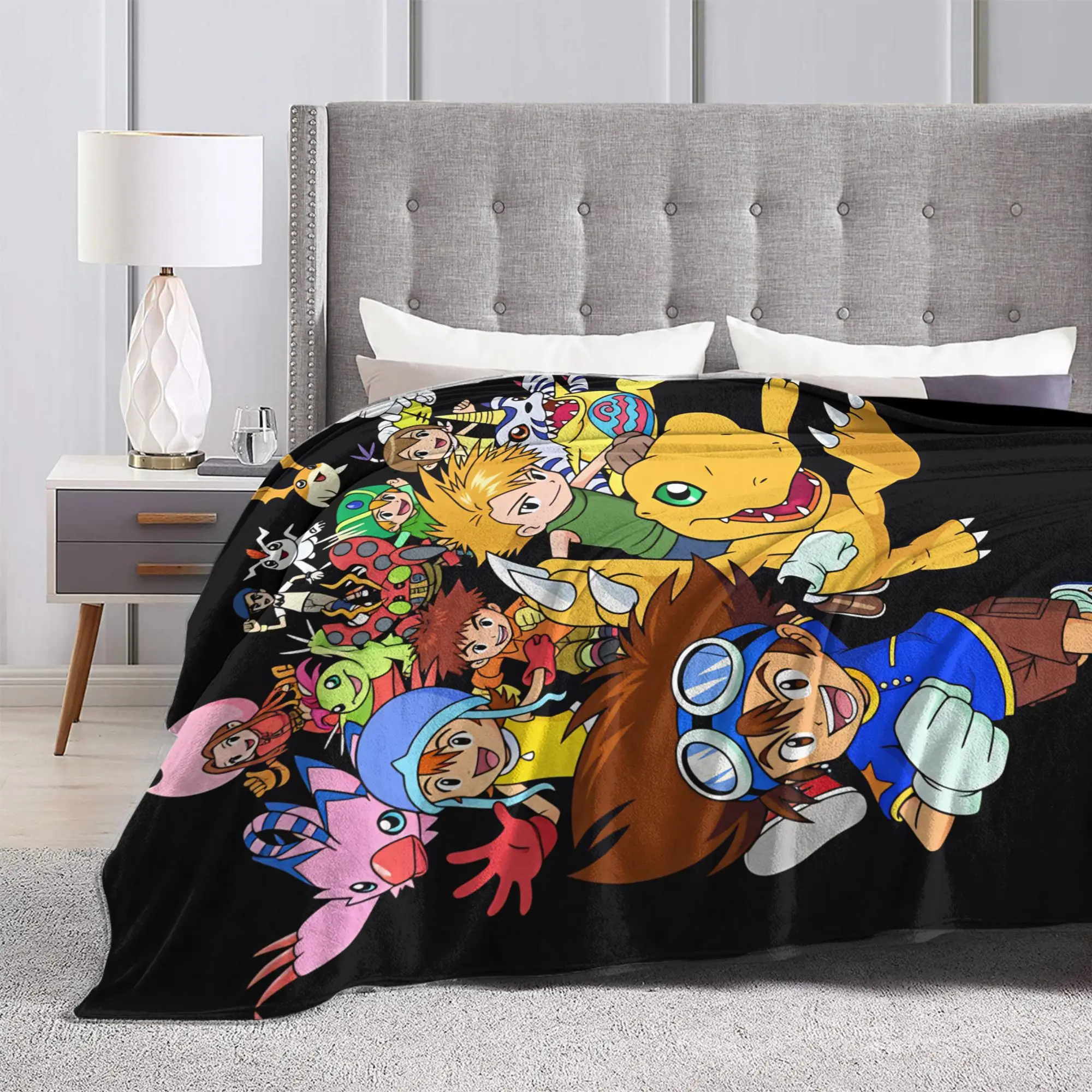 Digimon Chibi Banner Plush Blanket Girls Boys  Flannel Throw Blanket For Couch Bed Super Soft Custom Quality Bedspread Gift Idea