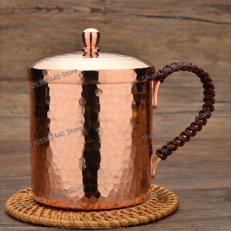 Handmade Red Copper Tea Cup with Lid and Handle, Hammered Thickened Water Mug for Home Office Tea Lovers