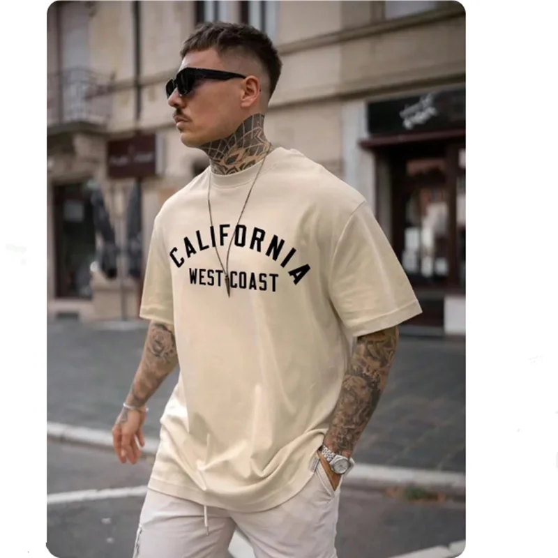 

2024 New Summer Fashion Men's T-shirt English Letter Print Pattern Casual Loose Street Fitness High Quality Cotton Tops clothing