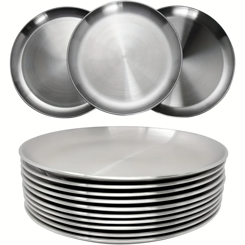 10 Piece Set of 304 Stainless Steel Plates, Durable, Non-Toxic, BPA Free, Dishwasher Washable, Suitable for Home and Outdoor Use