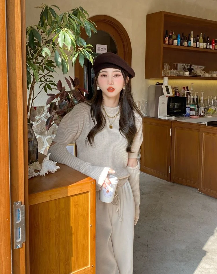 탈부착 가능한 소매 니트 스웨터 여성용 겨울 퍼 칼라 더블 브레스티드 버튼 트위스트 풀오버 올매치 비즈니스 OL