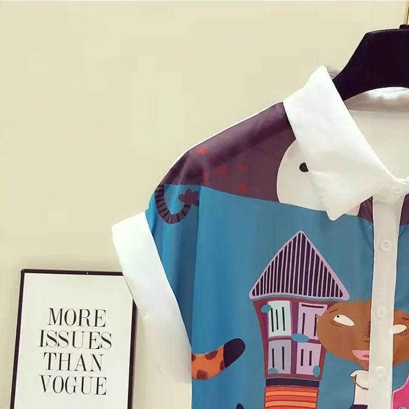 2025 Moda elegante Harajuku Slim Fit Abbigliamento donna Allentato Casual All Match Top Donna Patchwork Bottone Manica corta Blusa