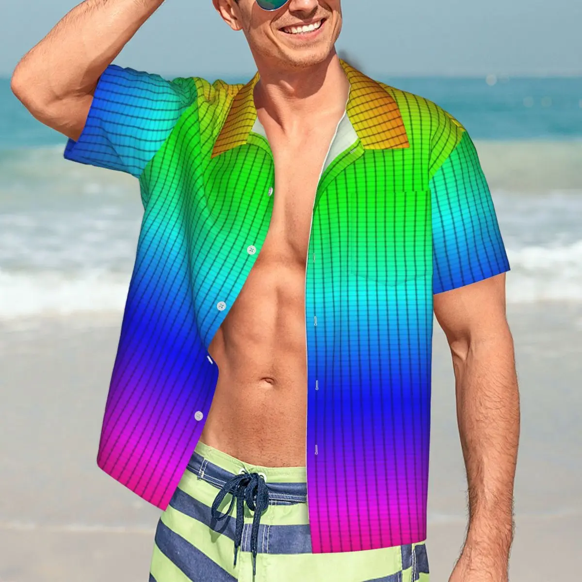 

Ombre Shaded Vacation Shirt Rainbow Neon Summer Casual Shirts Male Loose Blouses Short Sleeve Harajuku Custom DIY Tops