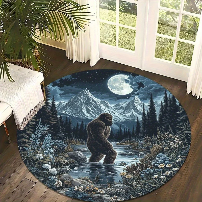 Bigfoot Moonlight Forest Rug Round Flannel Nature Wildlife Scene Floor Mat for Patio Deck Outdoor Indoor Adventure Lover Gift