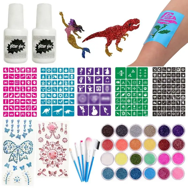 

Glitter Colors Tattoo Kit With Stencil Glue Brush Makeup Glitter Body Art Design For Kids Body Painting Glitter Powder Halloween