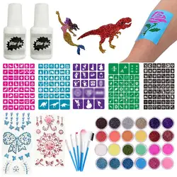 Kit de tatuaje de colores brillantes con plantilla, pincel de pegamento, maquillaje con purpurina, diseño de arte corporal para niños, pintura corporal, polvo brillante para Halloween