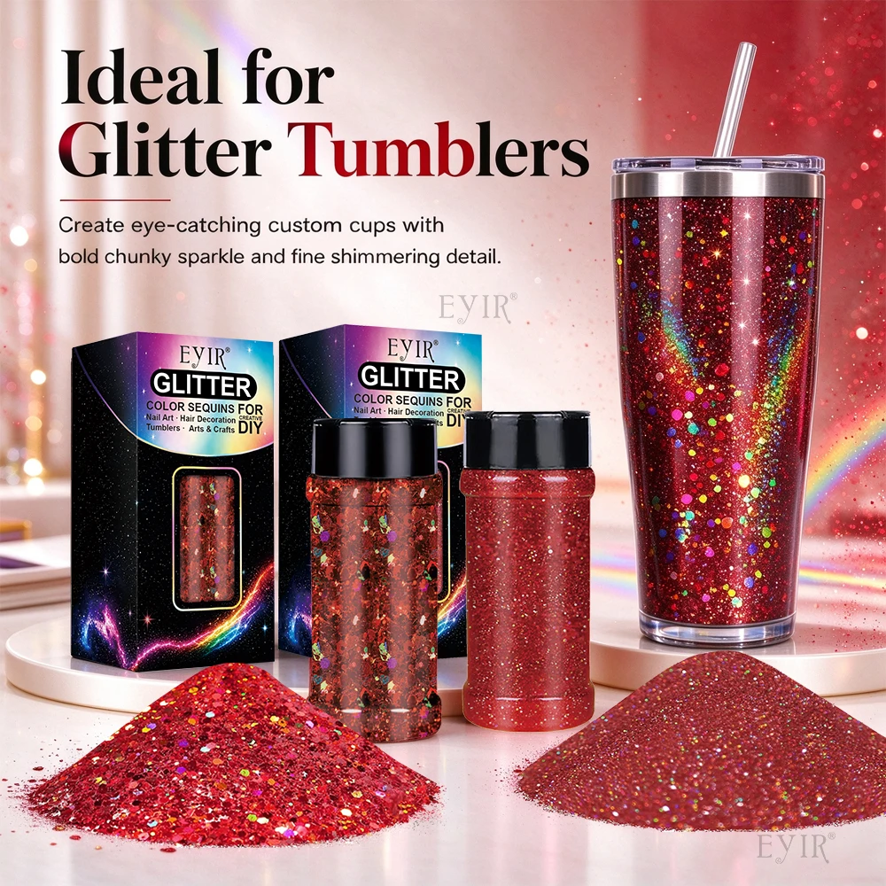 EYIR Red Holographic Glitter Powder 130g Set 50g Chunky 80g Fine Glitter for Epoxy Resin Tumblers Nail Art DIY Crafts Party