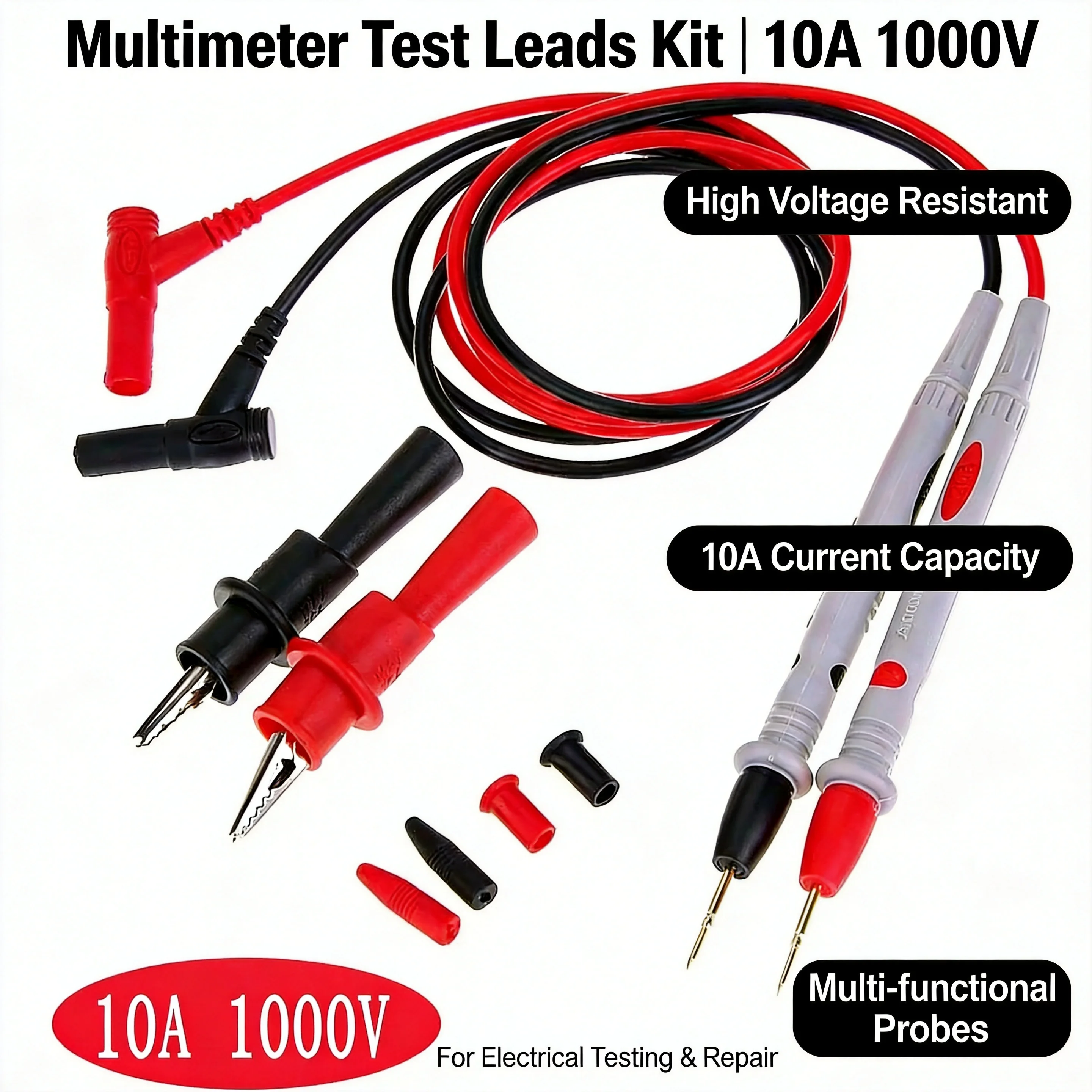 1000V 20A Probe Test Lead for Digital Multimeter – Crocodile Clip & Needle Tip Meter Tester, Multimeter Lead Probe Wire Pen