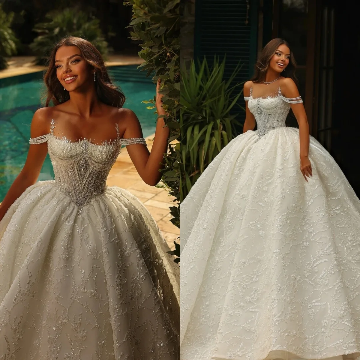 

Exquisite Wedding Dresses Sequins Pearls Beading Bridal Ball Gowns Crystal Off Shoulder Customized Vestidos De Novia