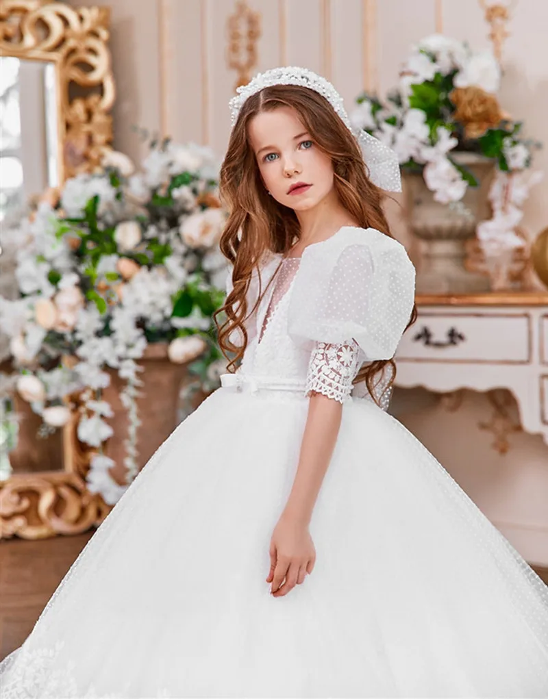 Vestido de tul blanco para niña de las flores, vestido de fiesta para niño, vestido de primera comunión, atuendo para niño, talla 1-16T