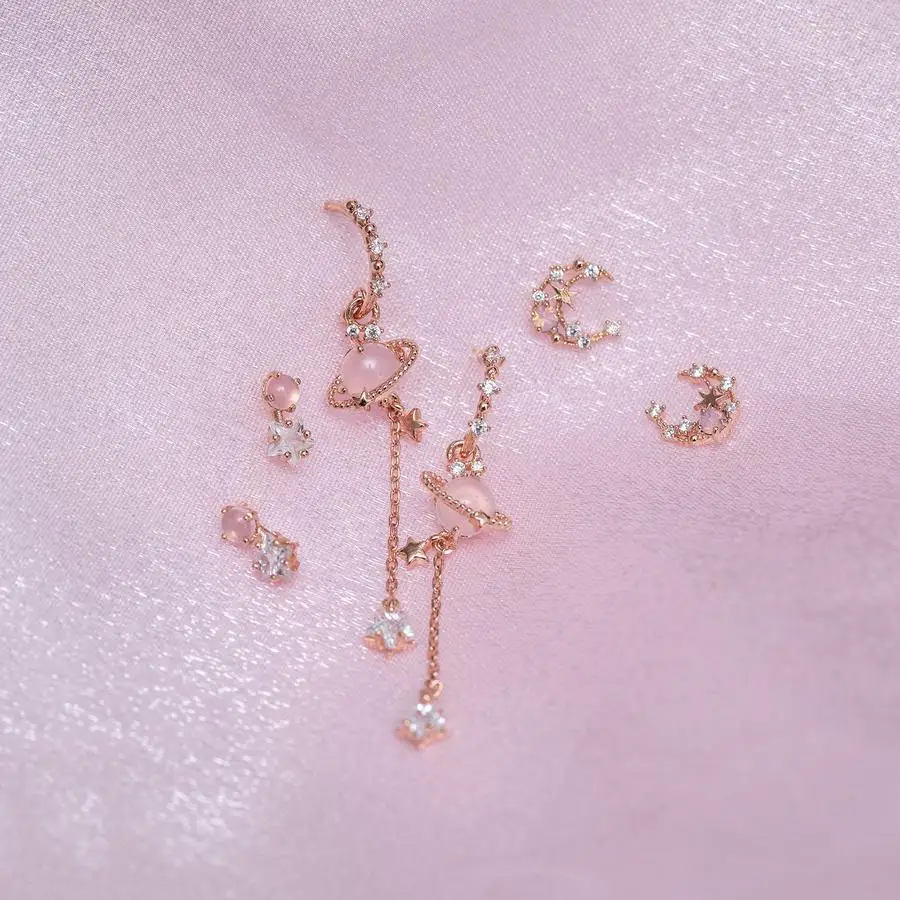ins Vintage Exquisite Zircon Star Moon Chain Earring Gold-plated Starry Planet Stud Earrings Set For Women Girls Fashion Jewelry