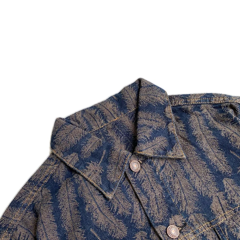 [BOMP] Autumn Vintage Hirata Feather Jacquard Tassel Pure Cotton Lapel Denim Jacket Casual Coat New Fashion