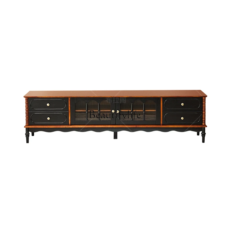 

French retro solid wood TV cabinet medium antique floor-to-ceiling black TV cabinet American