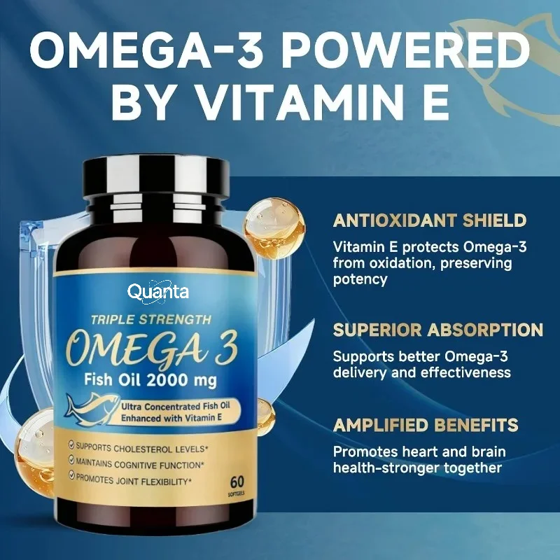 Triple Strength Omega-3 Fish Oil 2000mg with Vitamin E, 60 Softgels Capsule