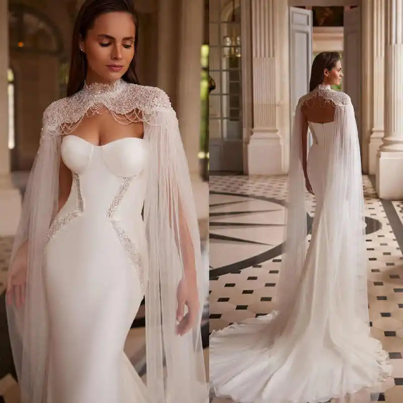 Women Wedding Bolero Veil Pearls Beads Long Sleeve Lace Bridal Wear Wraps Boho Customized Accessories