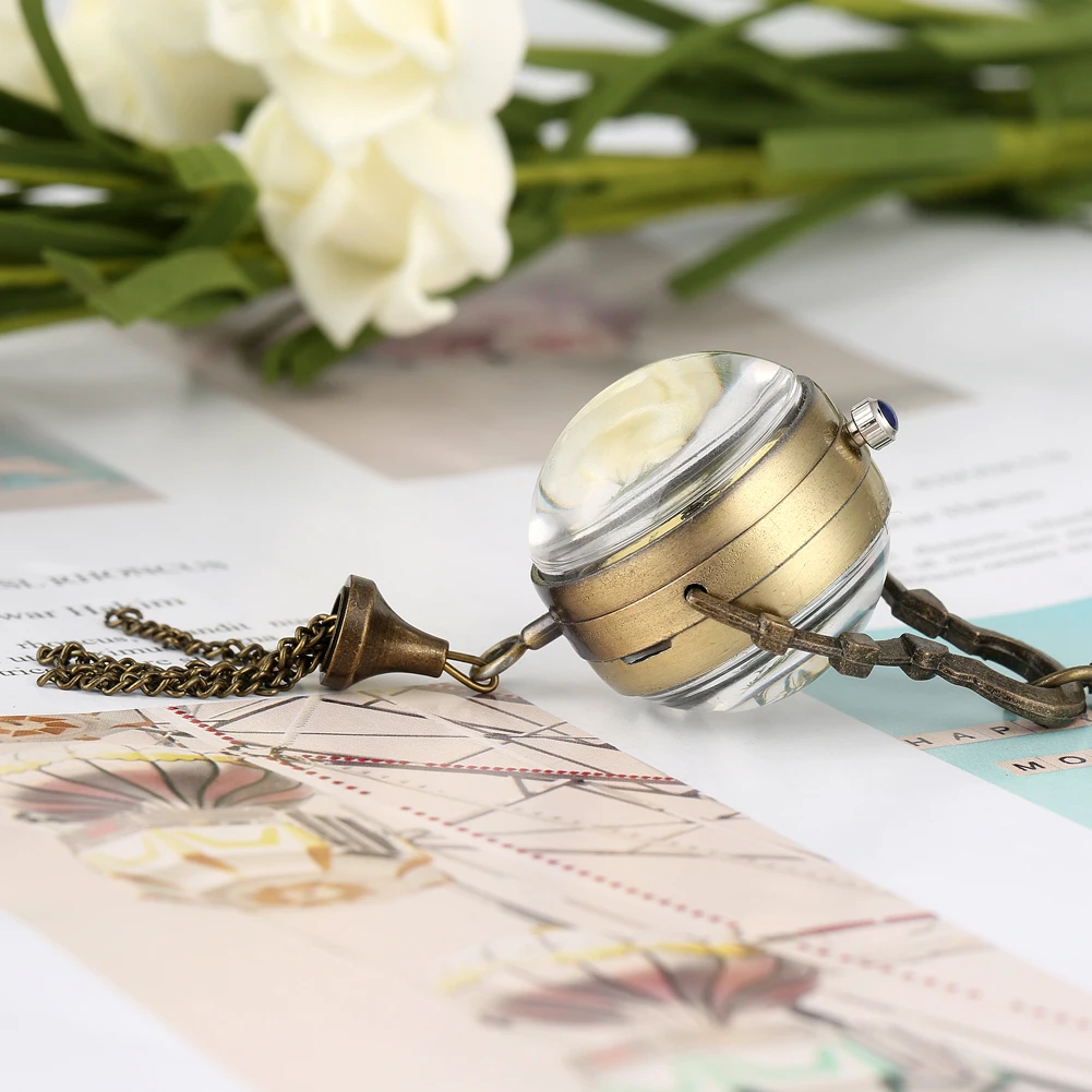 작은 귀여운 투명 유리 공 모양의 펜던트 석영 주머니 시계 로마 숫자 노란색/검정색 다이얼 목걸이 주머니 시계 선물