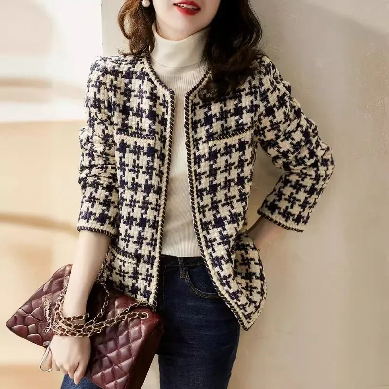 Bright Silk Bright Line Decoration Plaid Vintage O-Neck Long Sleeve Women's Jacket Covered Button Short Jackets Coat For Women