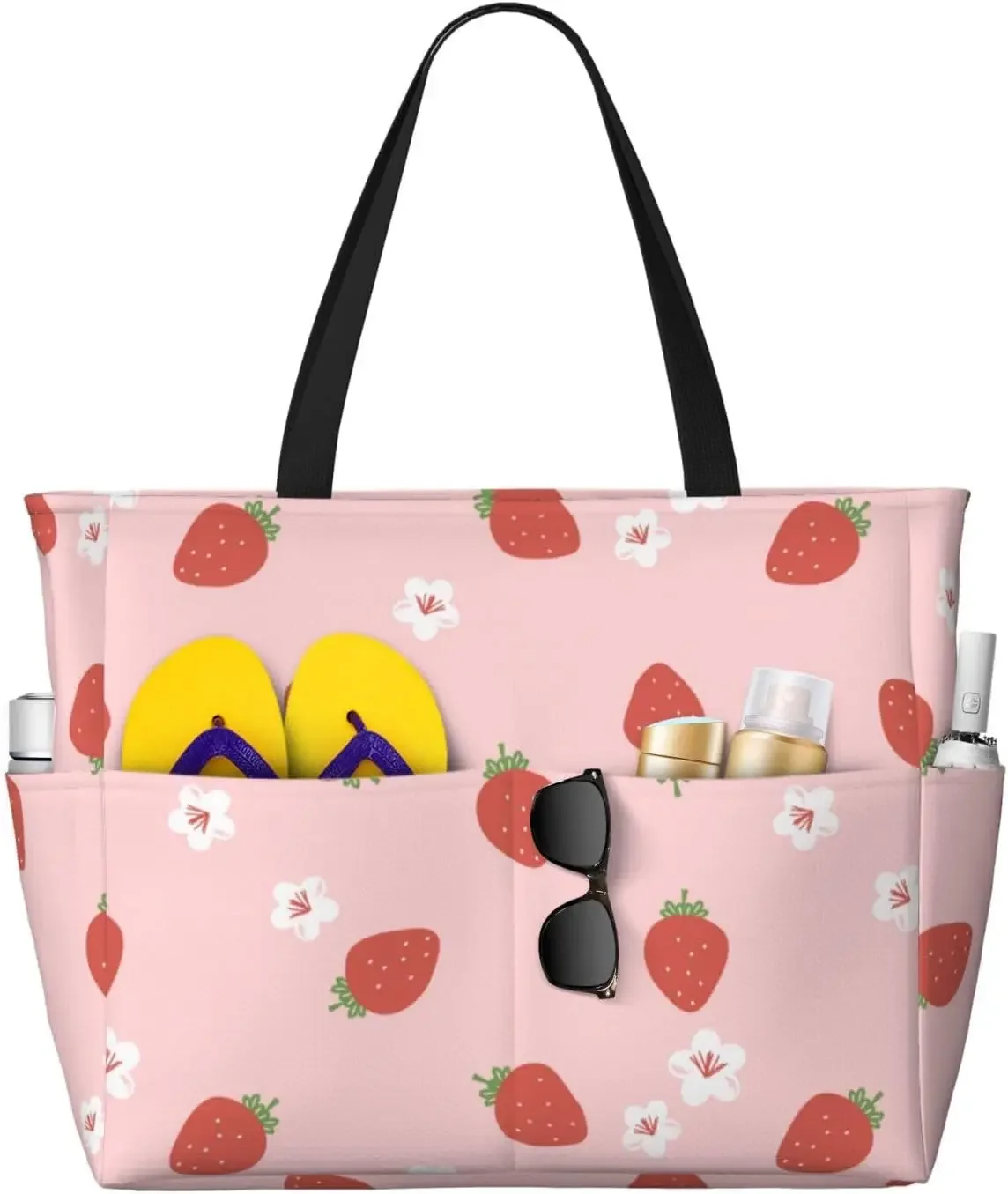 Large Beach Bags Waterproof Sandproof - Cute Strawberry No.1081 Cute Beach Tote Bags for Women with Zipper