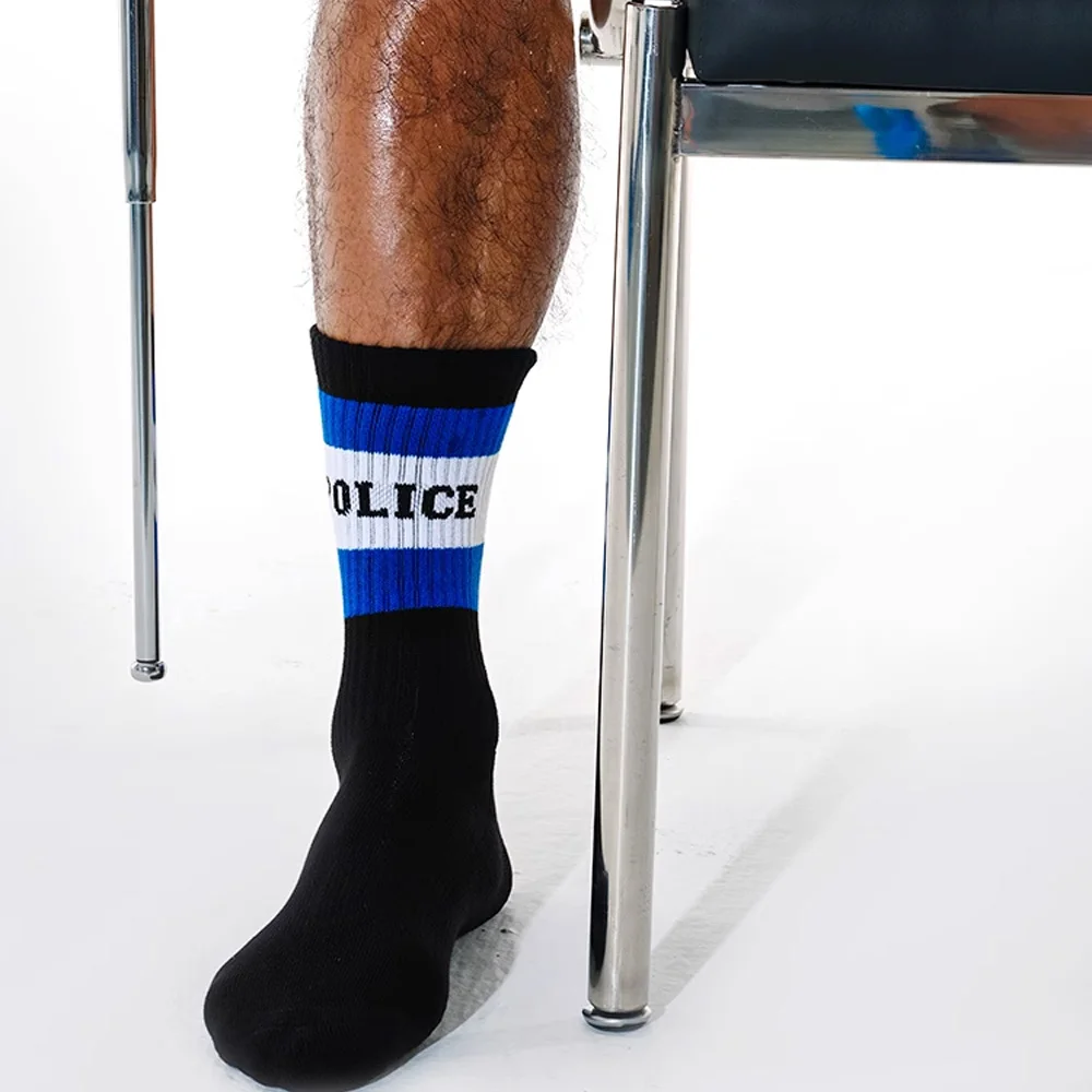 Socks Control Men's Black POLICE Letter Sports Socks Medium Tall Fitness Towel Sole Cotton Socks