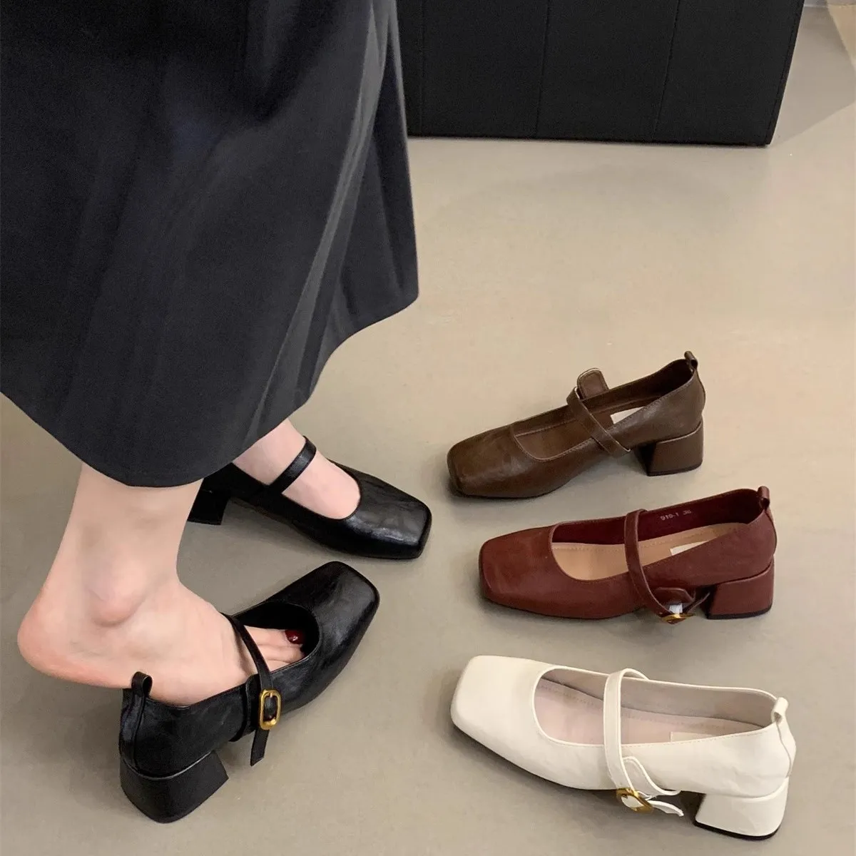 

2025 винтажная женская обувь Мэри Джейн, модная обувь с квадратным носком, весенне-осенние элегантные босоножки на низком каблуке