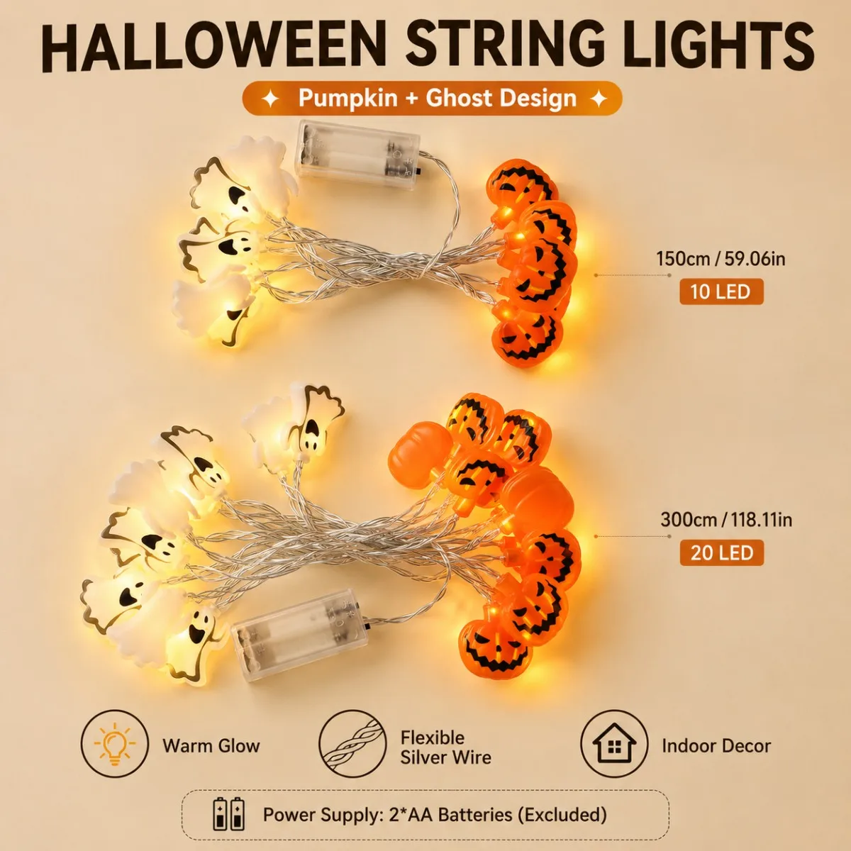 1 Stück 10/20 LED Halloween Geister- & Kürbis-Lichterkette, gemischte Formen, LED-Lichterkette für Zuhause, Terrasse, Bar, Gothic-Feiertagsparty-Dekoration – Detail 2