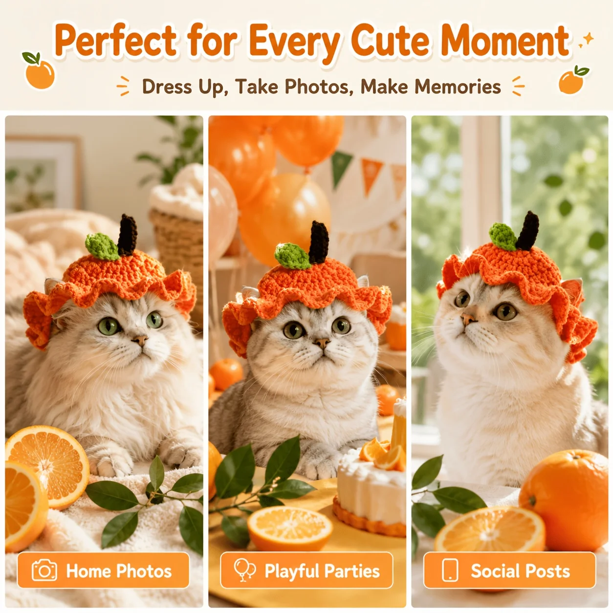 Cute Orange Peel Cat Hat, Soft Crochet Citrus Costume with Adjustable Ties, Funny Photo Prop for Cats and Kittens, Hats for Cats view 6