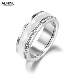 AENINE Classic Titanium Steel White Ceramics Rings Jewelry Gold Color Cubic Zirconia Wedding Engagement Rings For Women AR18056